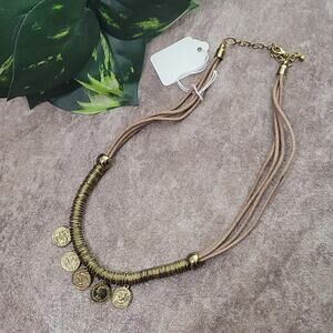 ZAD brown leather & gold toned coin necklace NEW